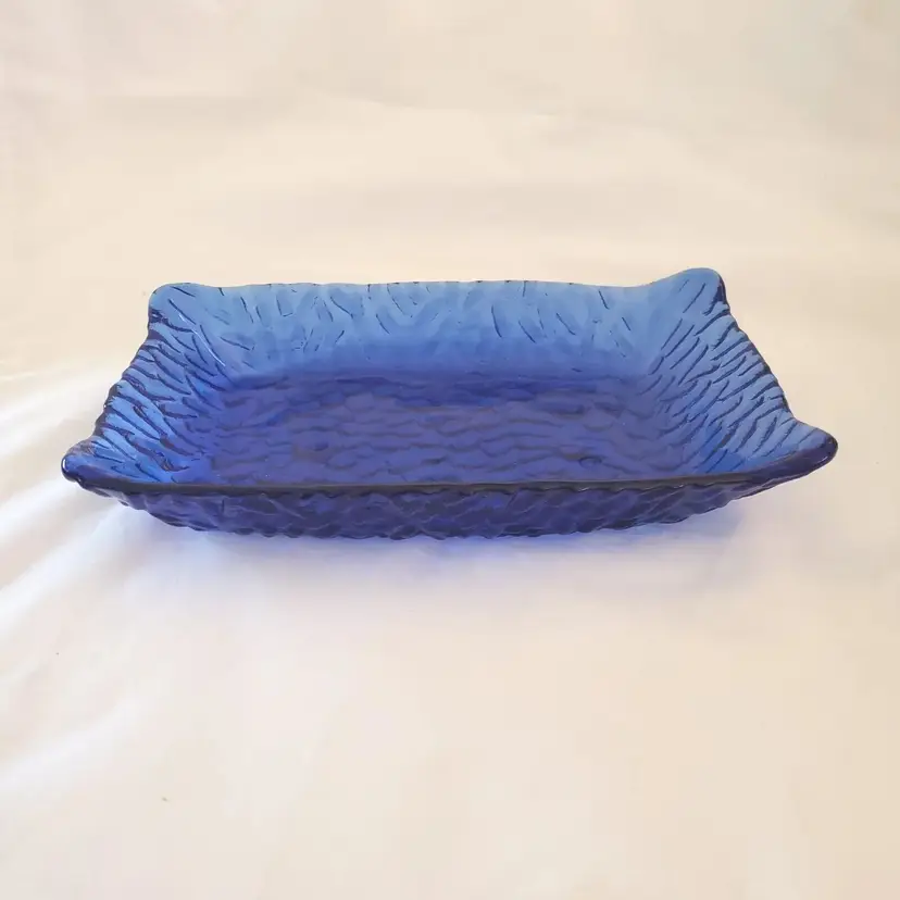 Cobalt Blue Glass Trinket Tray Dresser Vanity unbranded 8 1/4" long Vintage