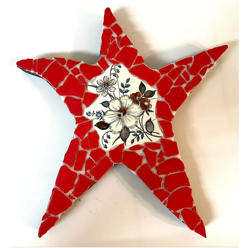 Handmade Mosaic Glass & Broken China Patriotic Red White Blue Star Wall Decor 10 in