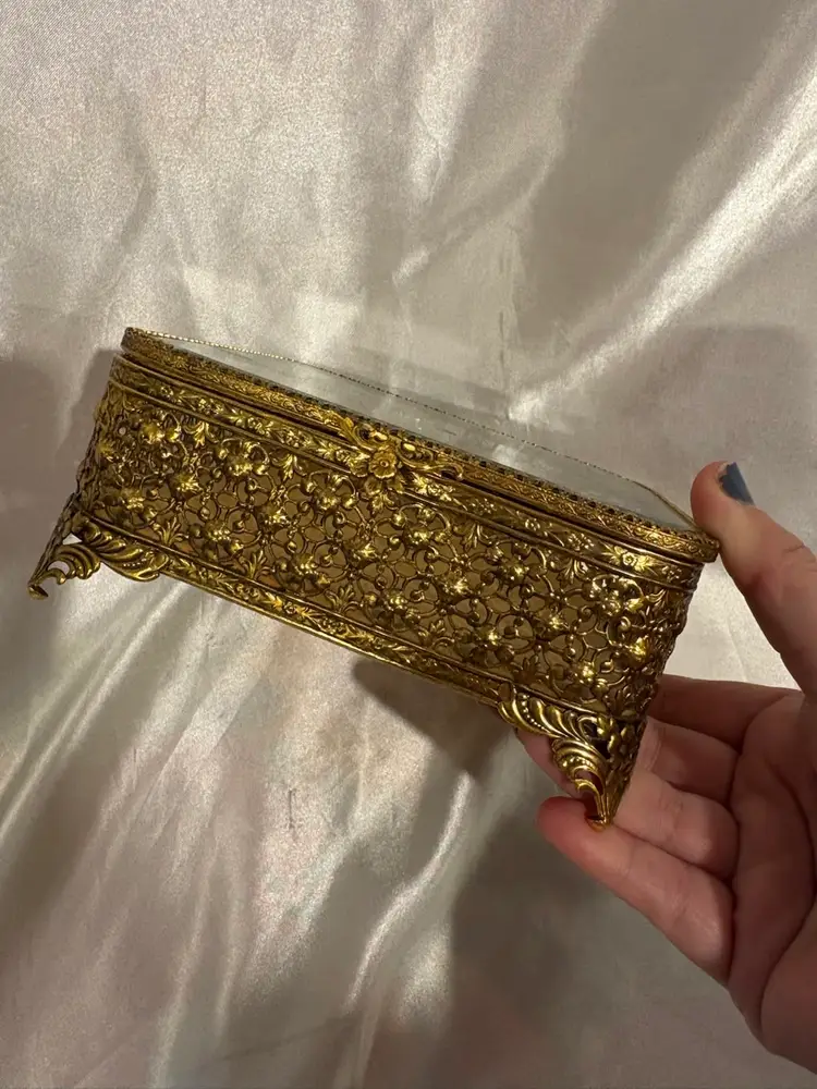 Vintage Footed Gold Metal Beveled Glass Top Jewelry Box