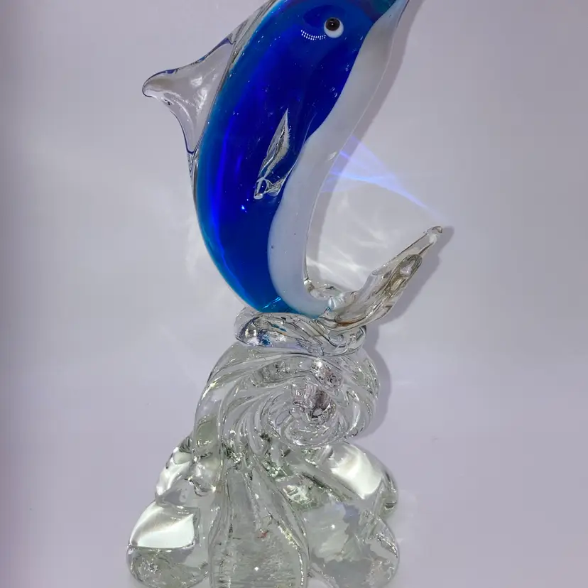 Glass Dolphin On Wave Paperweight!  7” Tall 3 1/2” Long! Stamped B!