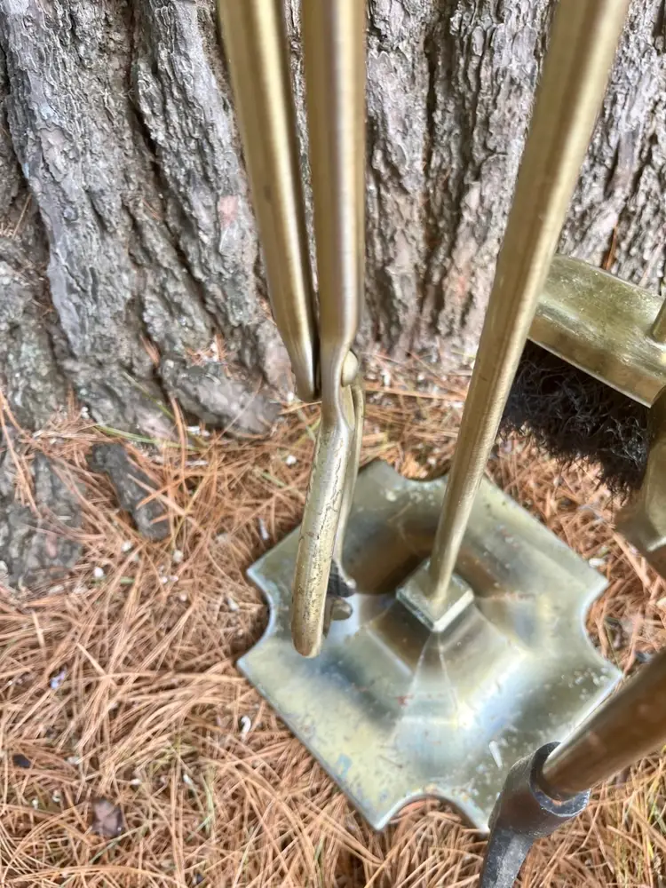Vintage Brass Fireplace Tool Set Log Tong Brush Poker Patina Authentic Age Heavy