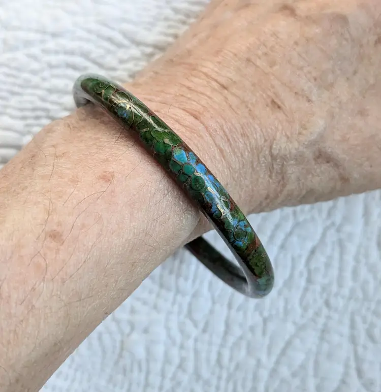 Vintage Tubular Cloisonne Bangle Bracelet in Brown and Green
