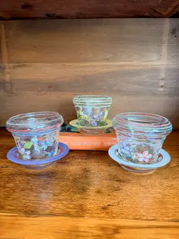 Vintage Fifth Avenue Crystal Crackle Glass Votive Candle Holders Set of 3 with Saucers | Hand Painted Floral Cottage Decor | Spring Garden Tealight Holders