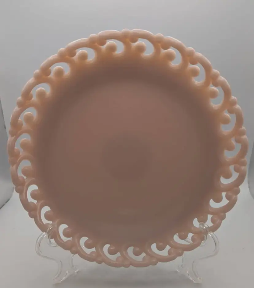 Vintage Fenton PINK Milk Scroll Lace Plate! Reverse C Border