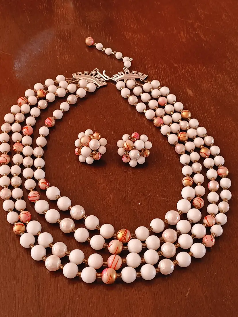 Vintage 4 Strand Necklace and Cluster Earrings Cream Pink Gold Japan