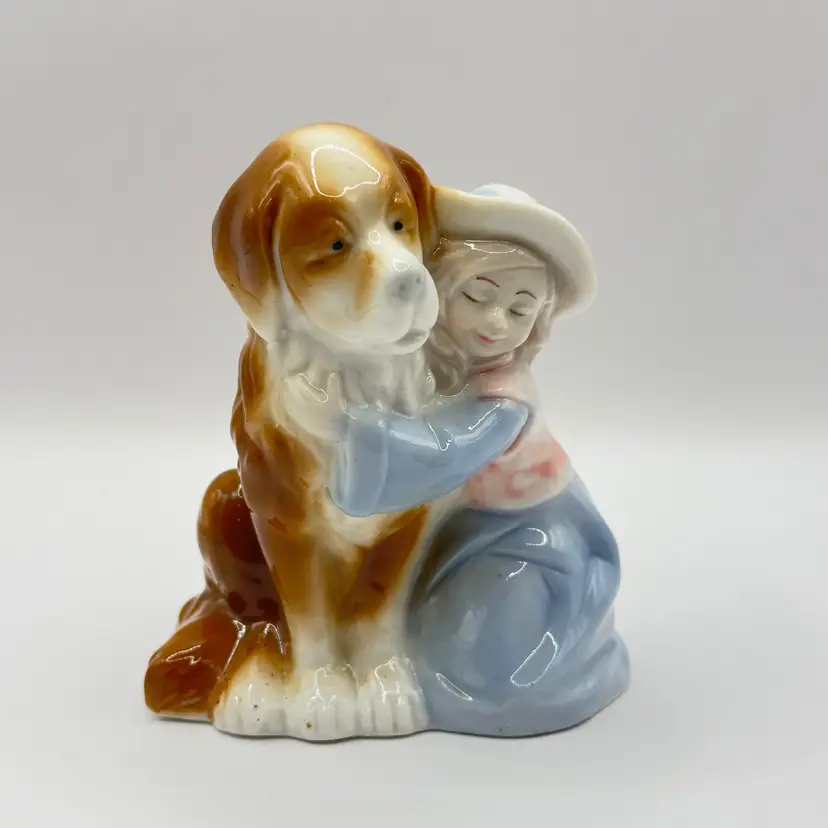 Vintage 1980’s Porcelain Girl and Saint Bernard Dog Figurine, Heartwarming Collectible, By Greenbrier