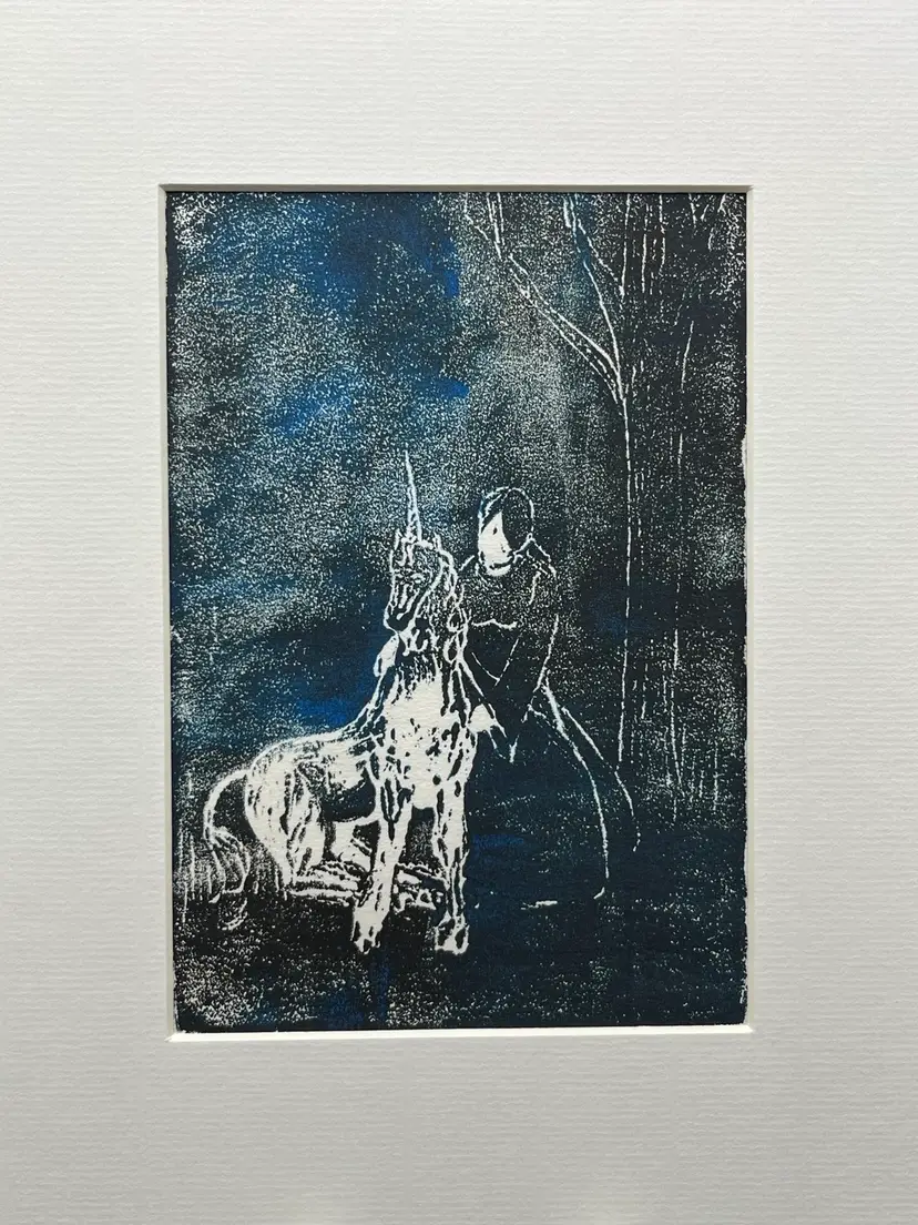 “The Lady And The Unicorn” By Lynda S Wohlfahrt In White Mat. Wood Cut Oil Print. Signed & Numbered Under Mat. 6/10