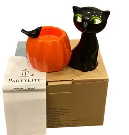 Partylite Halloween Black Cat W/ Pumpkin and Crow Tea Light Candle Holder