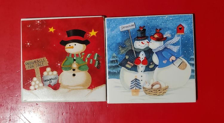 2 Ceramic Snowman Coasters ~ FREE SHIPPING