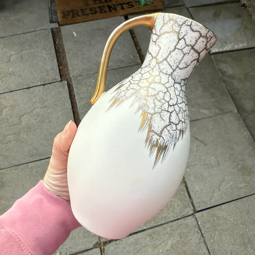 Vintage Cream Gold Speckled Marbled MCM Modern Handled Pitcher Vase Made Germany