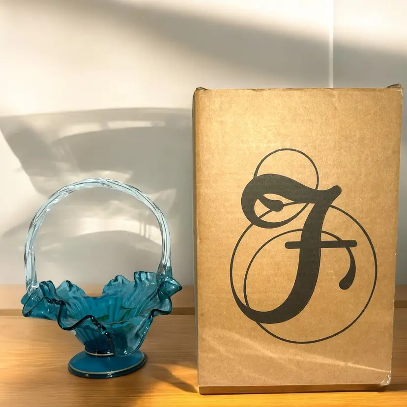 Fenton QVC Ribbed Basket Hand Painted Blue With White Daisies Signed W Box HTF Hand painted by Sheela Miller