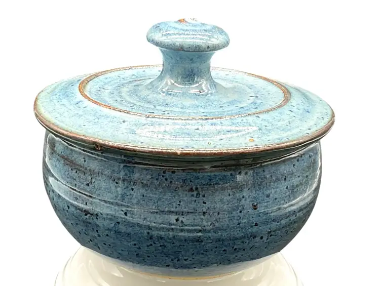 Studio Artist Blue Ceramic Lidded Storage Jar With Speckled Glaze Finish 4"H