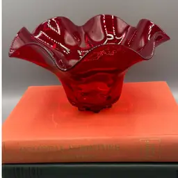 Vintage Viking Glass Ruby Red Epic 6-Petal Footed Ruffled Bowl - MCM 10”x 5.5”