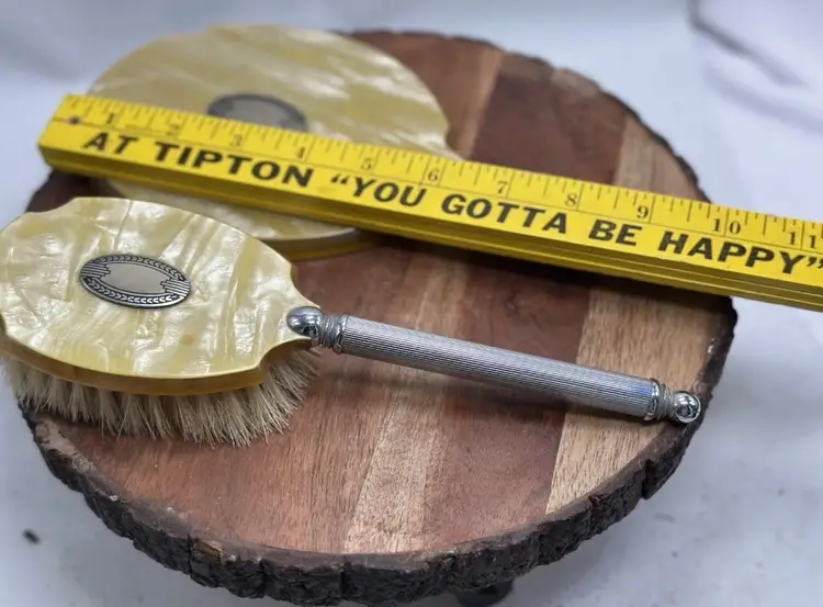 Vintage Celluloid Silver Handle Hand Vanity Mirror & Brush Art Deco Nouveau