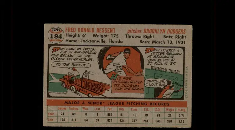 1956 Topps #184 Don Bessent - (pk-tl2) - Brooklyn Dodgers