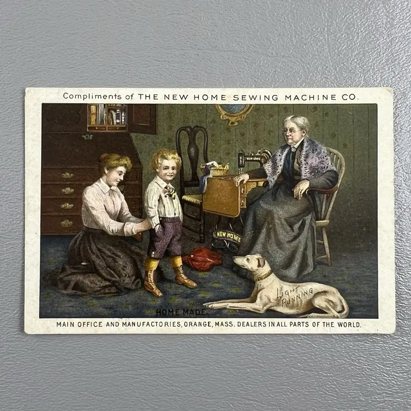 Victorian Trade Card New Home Sewing Machine Co Family Dog No Place Like Home 4.5x3"