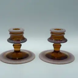Fenton Amber And Milky Pinkish White Opalescent Pair Of Glass Candle Holders
