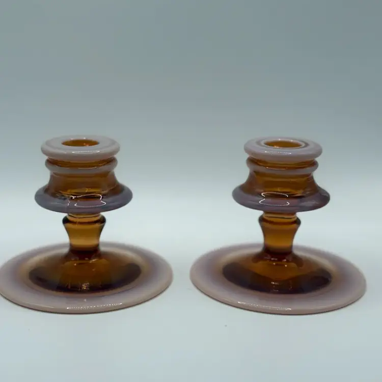 Fenton Amber And Milky Pinkish White Opalescent Pair Of Glass Candle Holders