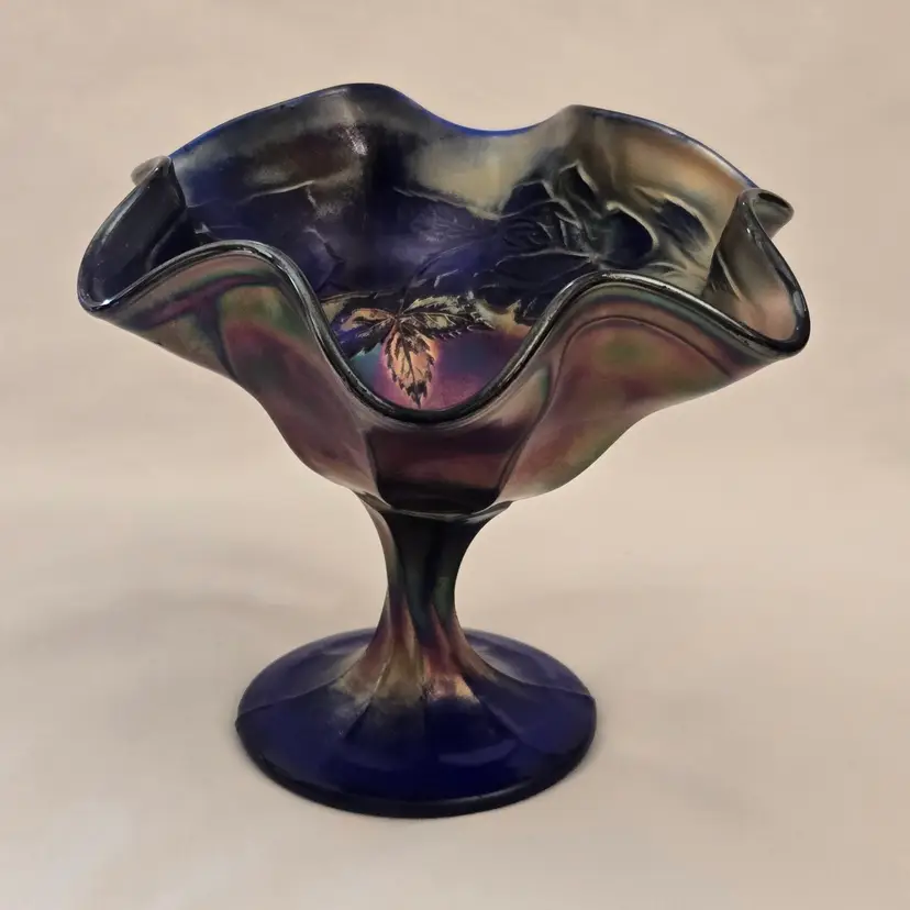 Fenton Compote Carnival Glass Dish Iridescent Cobalt Blue 4¾" Tall with Issues