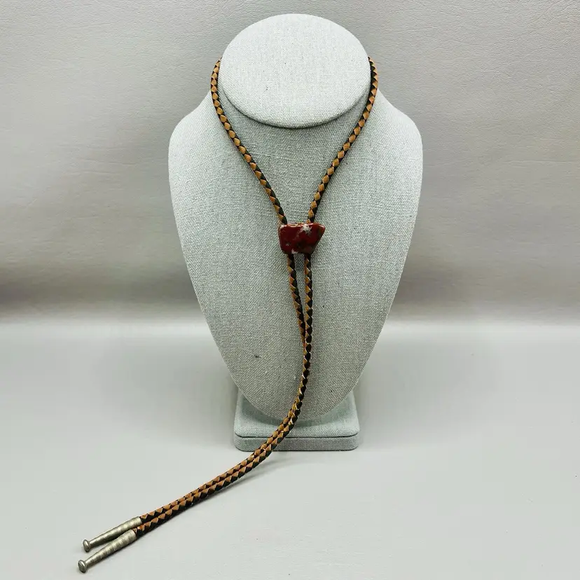 Bolo Necktie Natural Stone Faux Silver Tips Leather Braided Rope Red 17"