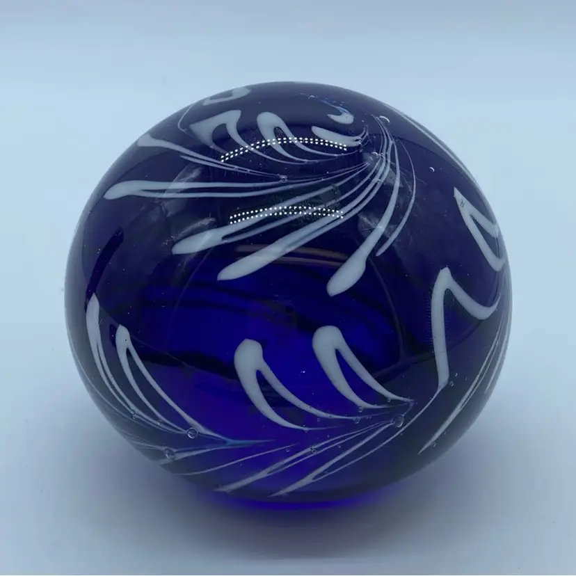 #0041 handblown cobalt blue and white swirl art glass paperweight.