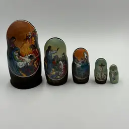 Matryoshka Five Wooden Hand Painted Nesting Dolls Life Of Jesus Christ Nativity Russian Signed