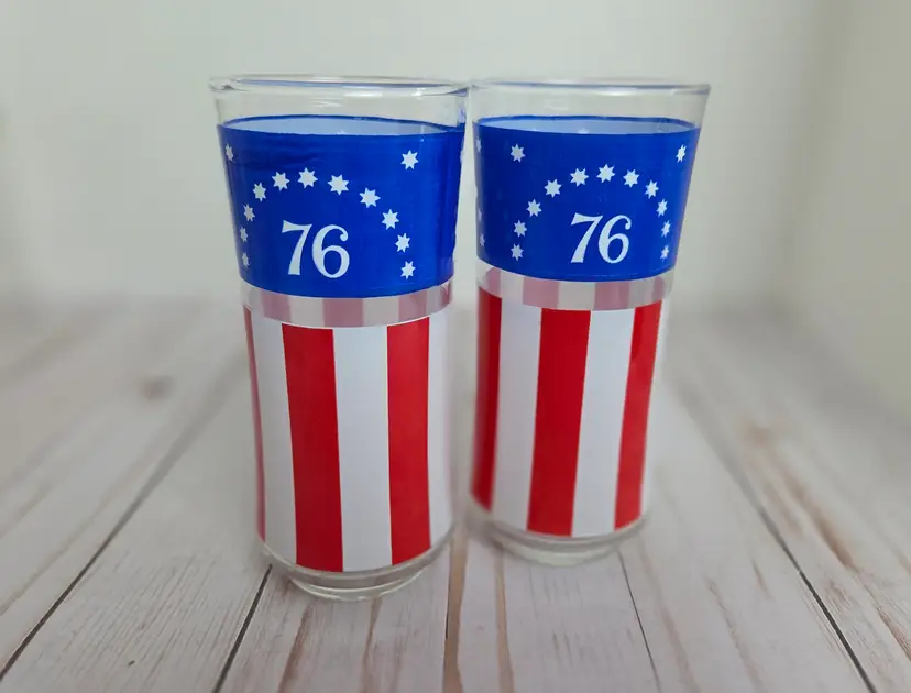 Libbey Fourth July Glasses Tumblers Red White Stripes Blue 76 Bicentennial 6.5"