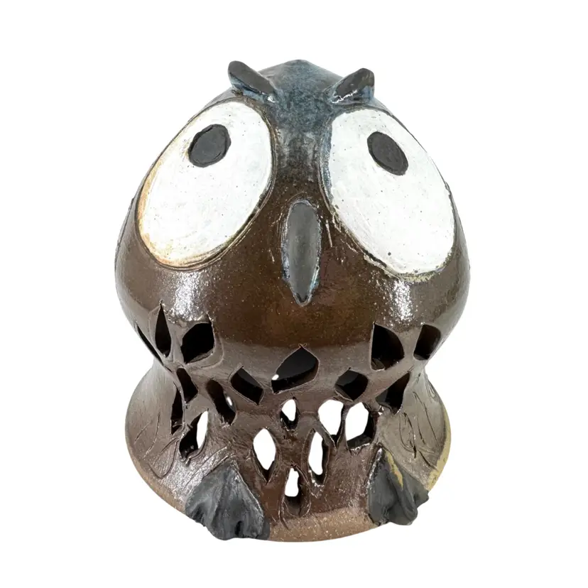 Handmade Brown Glazed Pottery Owl Luminary Candle Holder