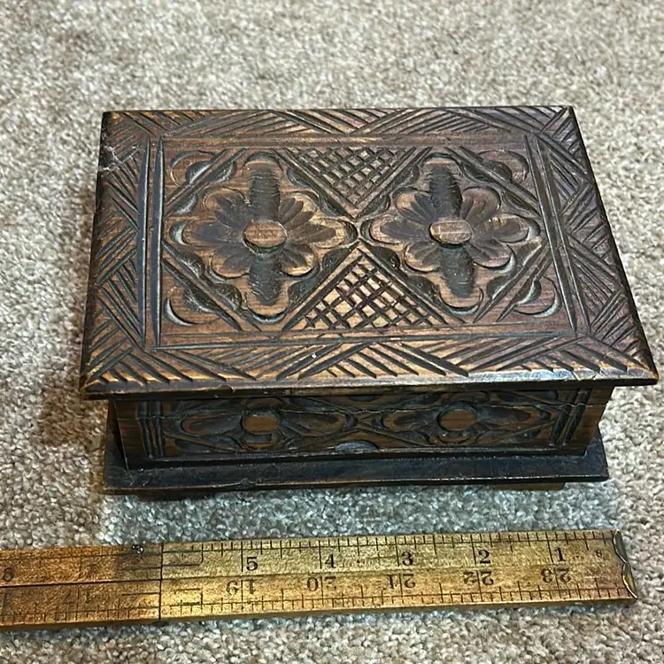 Floral Carved Wood Hinged Lid Storage Box Container