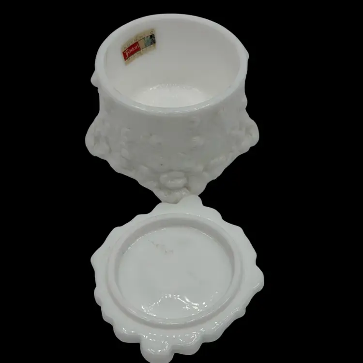 Fostoria Cameo Milk Glass Rose Print Trinket Box Stamped Excellent Condition 3” d 3 3/4” H