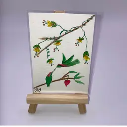 Signed by Artist! Hummingbirds Hand Painted Miniature Artwork 2 1/2" wide by 3" tall! Includes a mini wood art easel for display!