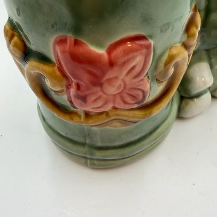 Vintage Majolica Lucky Elephant Green Ceramic Bamboo Planter Vase