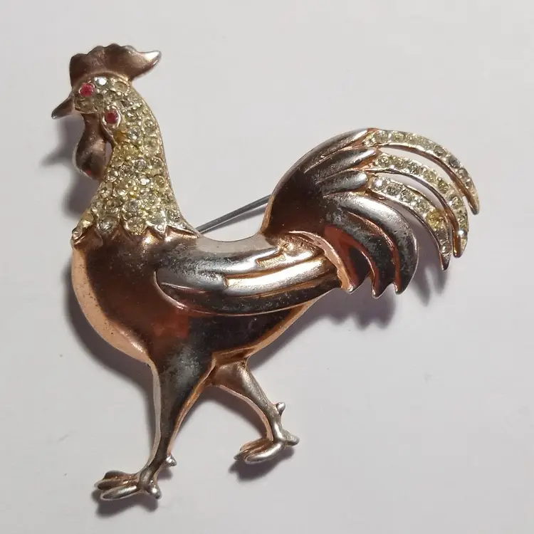 Vintage 1940's Mr. Rooster Solid Sterling Silver Gold Washed Heavy Art Deco Brooch, Estate Item.