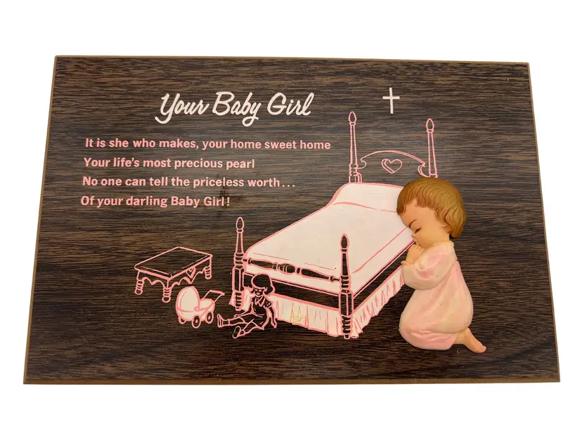 Your Baby Girl Praying Baby 3D Plaque Pink & Wood Grain Nursery Wall Art