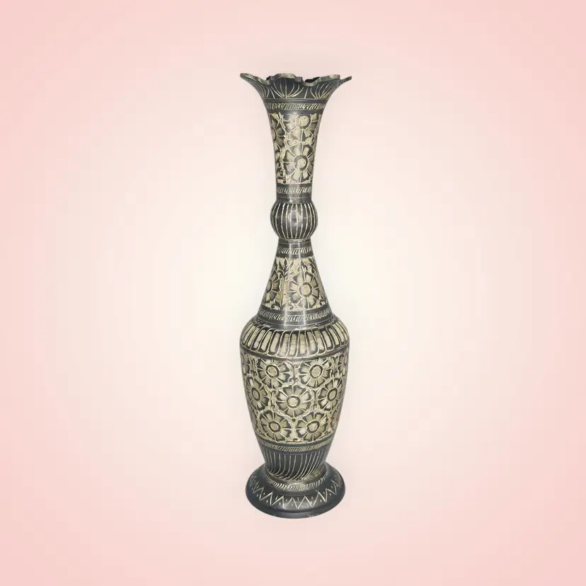 VINTAGE BRASS VASE Hand Etched Floral Pattern Made In INDIA Black gold 11"