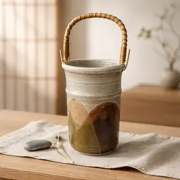 Vintage Studio Pottery Vase with Woven Rattan Swing Handle Signed By Potters Barn,