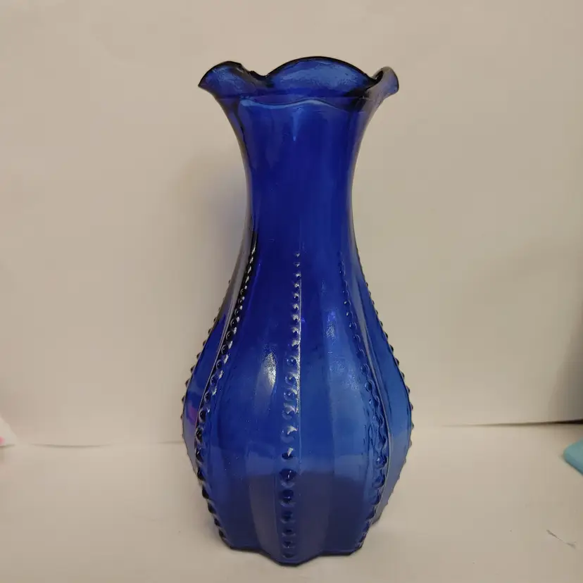 Indiana Glass Company Cobalt Blue Beaded Rib Pattern Vase. Small chip on rim. 7 inches high.