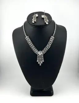 Vintage Silver Tone Rhinestone Necklace and Clip-on Earring Set