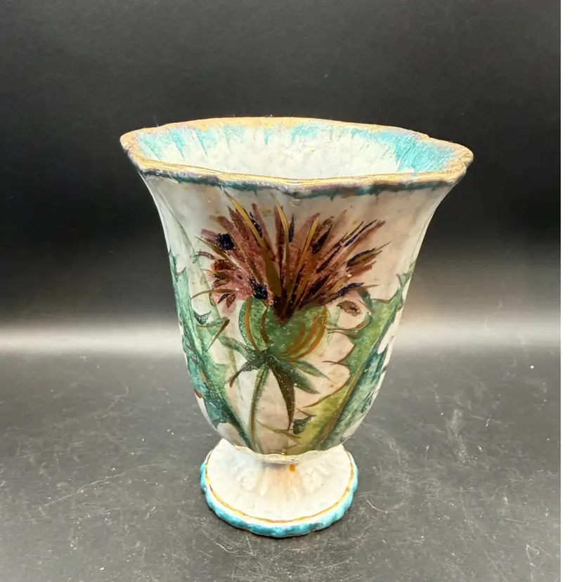 Vintage Hand-Painted Thistle And Gold Trim Italian Pottery Vase