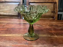 2765- Vintage Fenton Colonial Green Thumbprint Pedestal Compote, 6 In