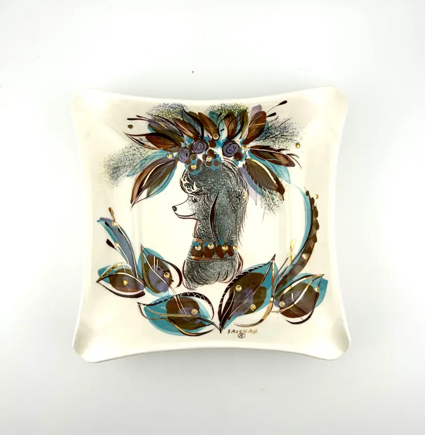Vintage Sascha Brastoff MCM Hand Painted Poodle Trinket Dish 6.5”x 6.5”x 1”