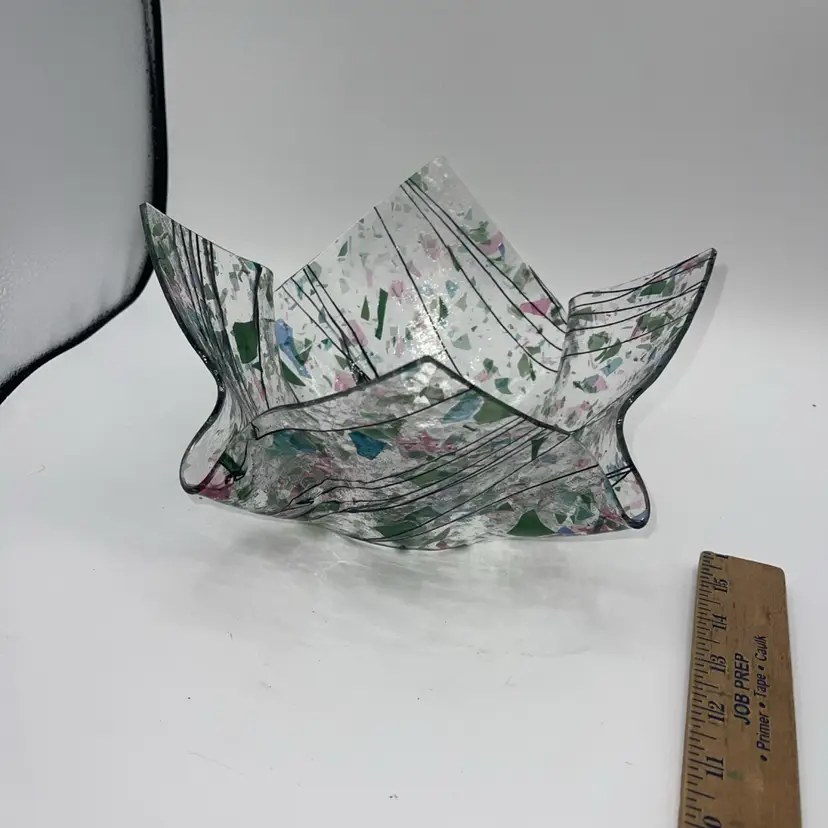 Beautiful Hand Made Woven Fused Art Glass Handkerchief Bowl Basket 10” X5”