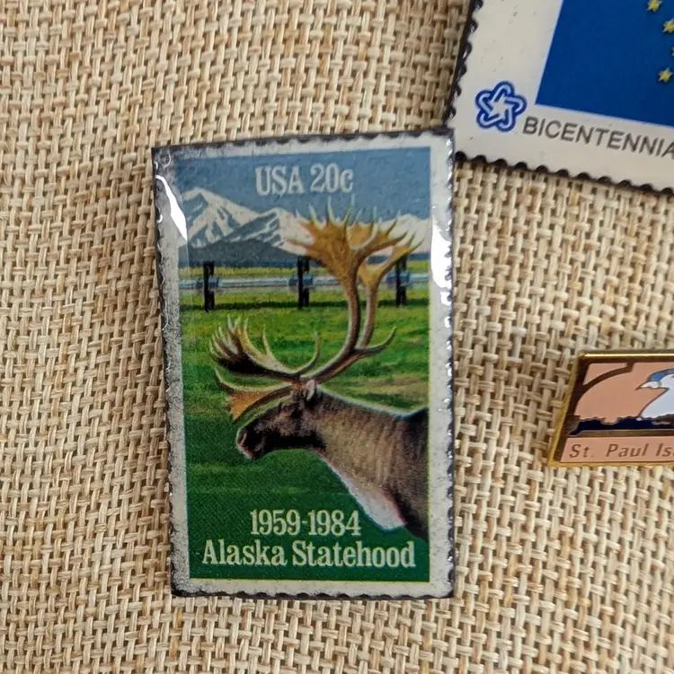 Vintage Alaska Stamp Collectible Pins Lot Statehood Bicentennial St Paul Island