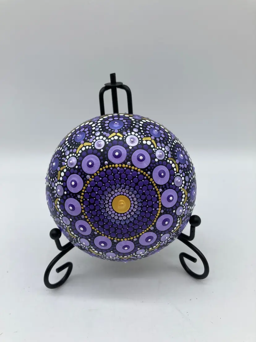Mandala - Hand Painted Handmade Stone Purple Gold 3” Diameter with Stand