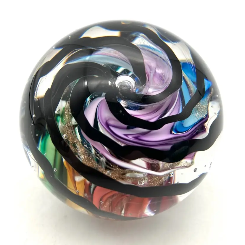 02 - Marilyn Kimble Holt 2007 Rainbow And Black Swirl Paperweight. Signed.