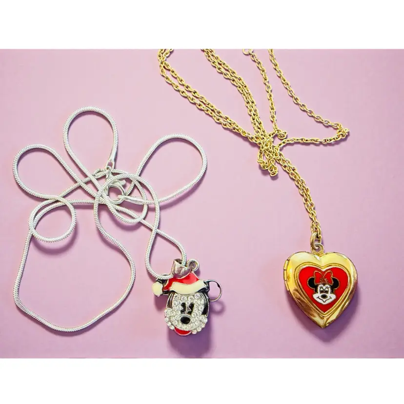 2 Licensed Disney - 1 Santa Mickey Mouse 1” with Bale 19” Silver Tone Snake Chain - 1 Minnie Mouse Gold Tone Locket 3/4” 18” Gold Tone Rollo Chain