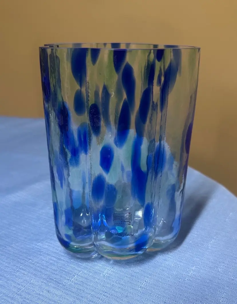 SEA of Sweden Rune Strand Handblown Blue and Green Speckled Glass Vase 6.25”