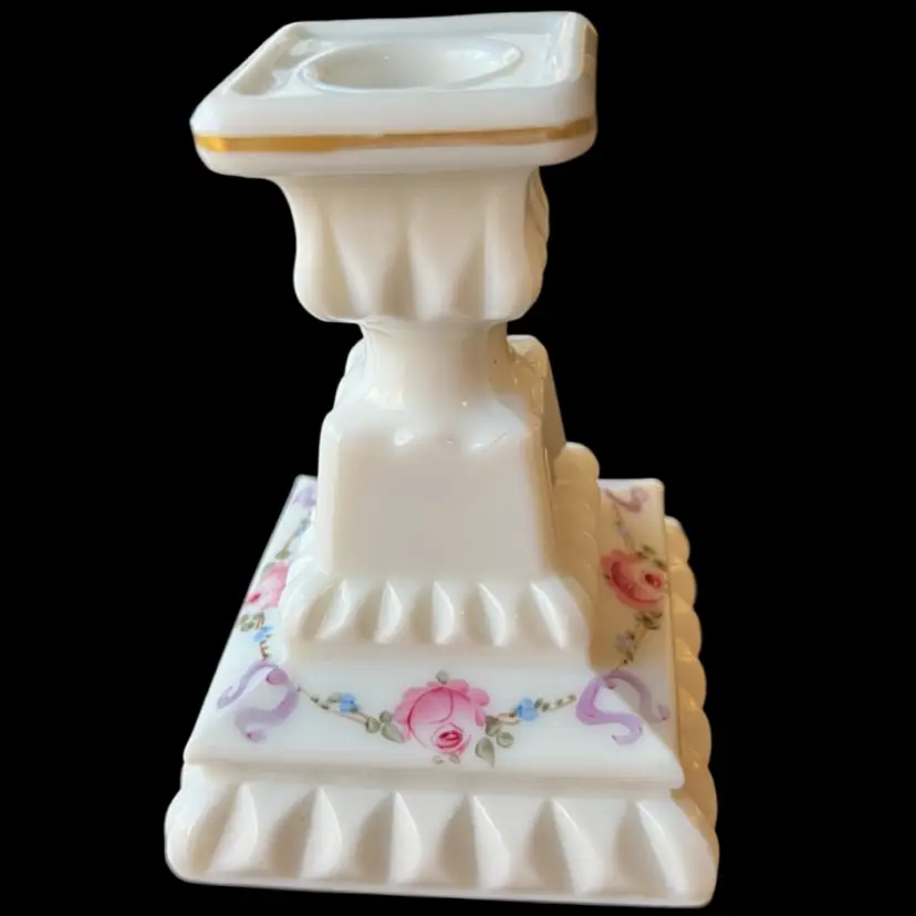Vintage Single Westmoreland Hand Painted Roses Ribbons Milk Glass Candlestick