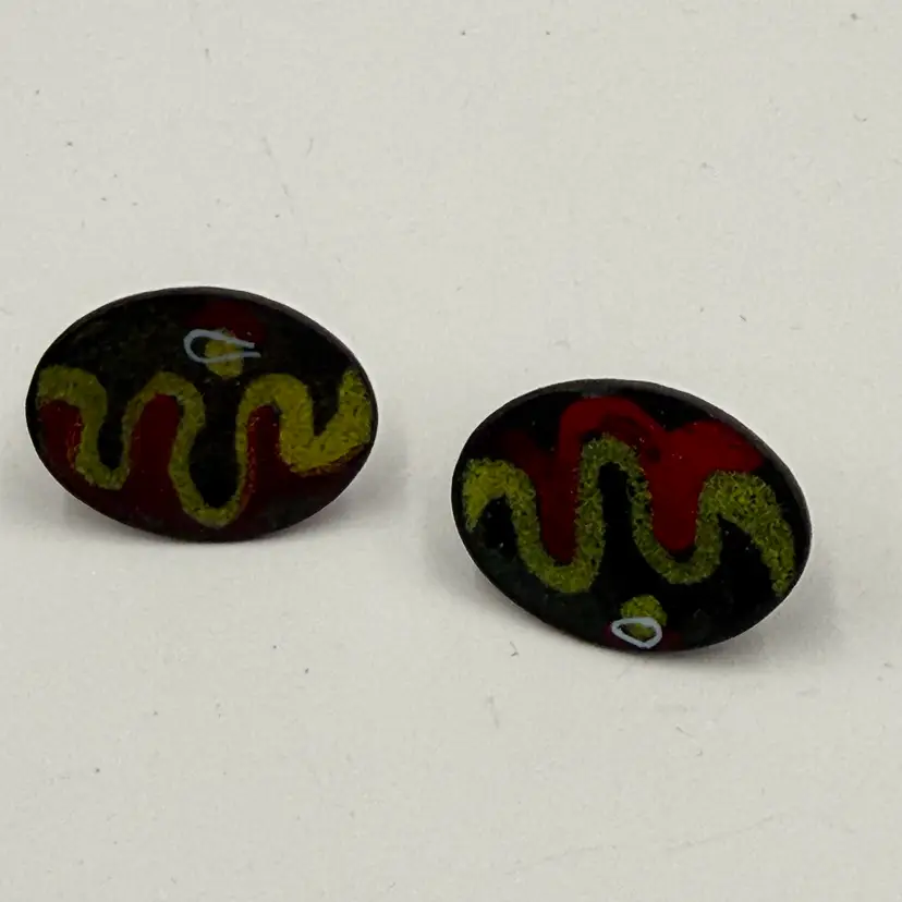 Vintage Abstract Green Red Enamel On Copper Oval Screw Back Earrings