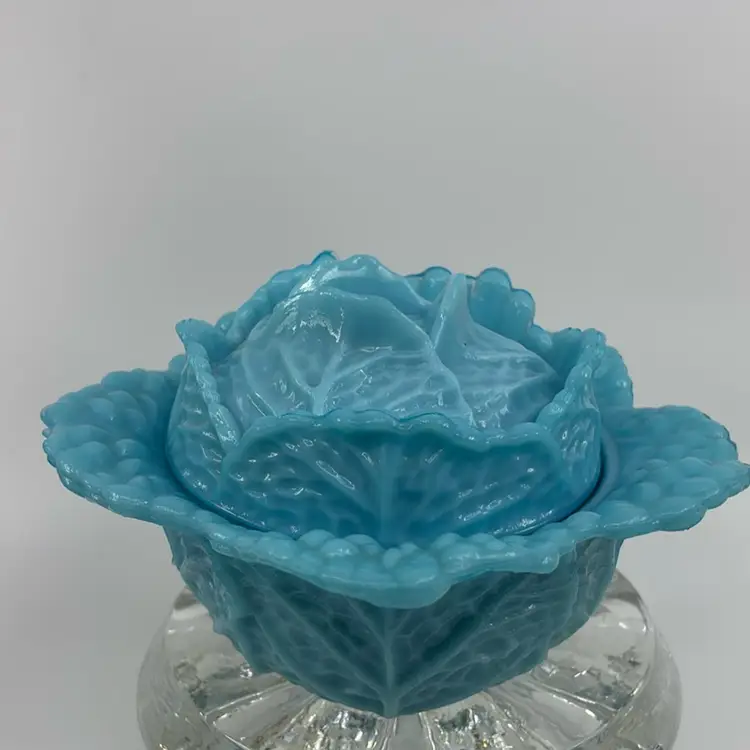 Porteiux Vallerysthal Antique Blue Opaline Cabbage Leaf Covered Dish 6.5Dia 4.25H